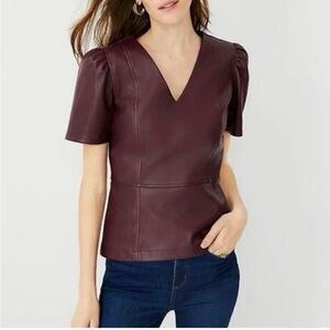 Ann Taylor Burgundy V-Neck Peplum Leather Blouse